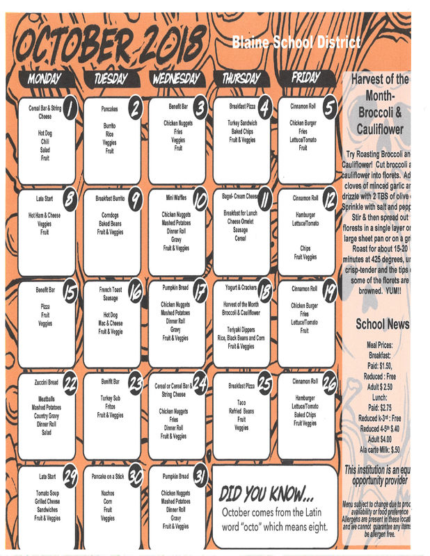 BES October Lunch Menu Blaine Elementary School